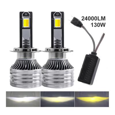 China Car Headlight Aluminum Led Headlights For 100 High Lumen 130W 24000LM 12V 24V 3000K 4300K ​​6500K H4 H7 Tricolor H11 High Power Led Headlight Bulb With Canbus Decoder for sale