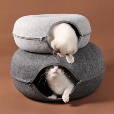 China Wholesale Funny Washable Double-layer Compound Structure Cat Donut Tube Toy Cat Hole Tunnel Nest Bed Stored Detachable Felt Material - for sale