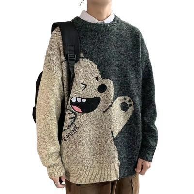 China Anti-wrinkle autumn and winter cartoon sweater men's long sleeve o-neck knitted sweater embroidered bear blue black pullover men for sale