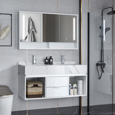 China Modern White Bathroom Vanity Set Countertop LED Mirror Cabinet Environmental Friendly Marble Basin Double for sale