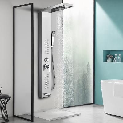 China Without Sliding Bar Modern Design Electric Lead Glass Water Geyser Waterfall Bathroom Shower Panel for sale