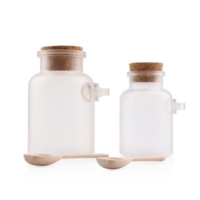 China 100 160 200ml Cosmetic Wholesale Empty Cosmetic Matte Bottle Bath Packaging Plastic Body Salt Scrub Container With Cork Wood Spoon for sale