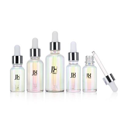 China 30ml 50ml Rainbow Cosmetic Luxury Round Cosmetic Serum Essential Oil Dropper Dropper Glass Bottle for sale