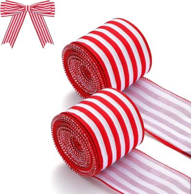 China Plaid Polyester Fiber Wholesale Fashion High End Christmas Fabric Decorative Roll Red And White Striped Ribbon For Christmas Tree. for sale