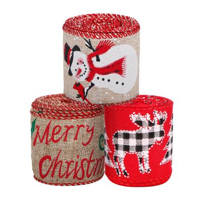 China Christamas Home Decoration 2023 New Design 63mm Ribbon Christmas Tree Decoration Ribbon Cable Burlap Ready Made Christmas Ribbon for sale