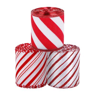 China Christmas Ribbon Red and White Striped Christmas Ribbon Wholesale Christmas Customized Logo Christmas Ribbon Decorative Wire-Edge Jute Bow Christamas for sale