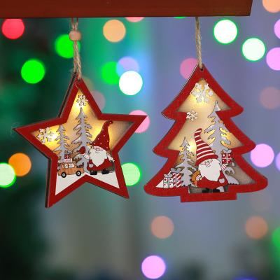 China Five-pointed Star Shaped Wooden Christmas Tree Ornaments Wooden Hanging Charms Pendants With Led Rope Light Beads for sale