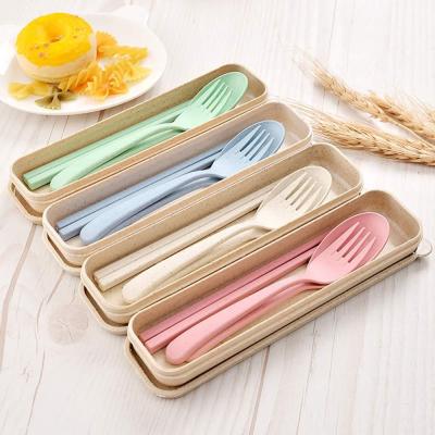 China Amazon Viable Hot Sale Wheat Straw Spoon Chopstick Fork Travel Portable Dinnerware Set for sale