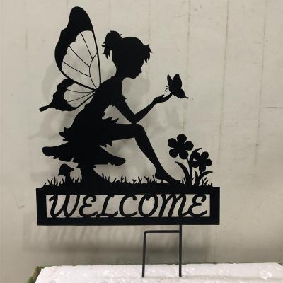 China Art Decor Metal Garden Stake Angel Girl With Butterfly Welcome Sign Silhouette Garden Stake Outdoor Decor for sale