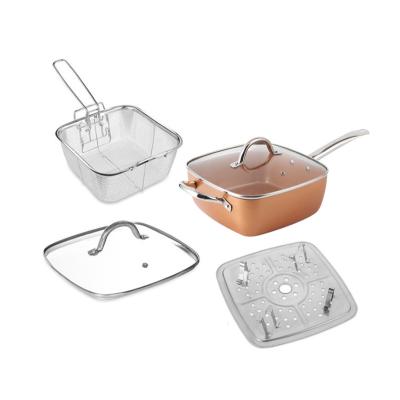 China Sustainable Copper ceramic non stick frying pan deep square induction bottom frying pan suit cookware sets for sale