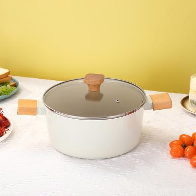 China Sustainable Kitchen cookers Double sided ceramic coating Solid wood handle Soup pot Non stick Soup pot Noodle pot cookware à venda