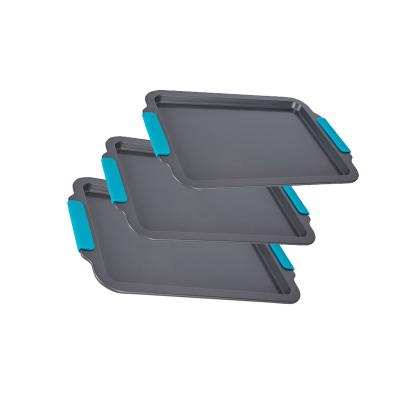 Κίνα Sustainable Customized square non stick carbon steel baking tray marble coating with silicone handle 3-piece baking tray set προς πώληση