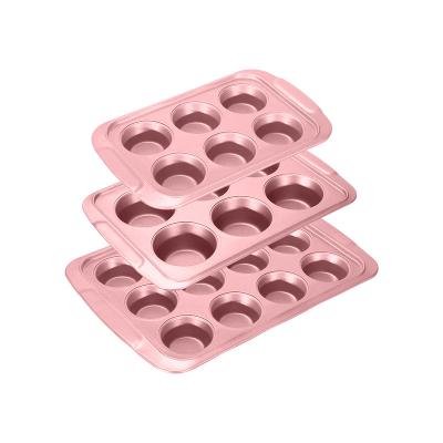 China Sustainable Carbon steel 6/12 cup hollow paper cup cake non stick doughnut cake pan baking pan set for sale