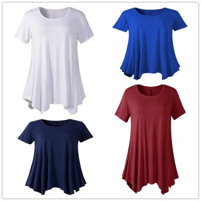 China Anti-pilling New Arrivals TS130 Plus Size Women Clothing Solid Short Sleeve Tops Loose O Neck Edge T-shirt Women's Simple Irregular Blouses for sale