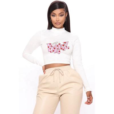 China Wholesale Solid Color Turtle Neck Anti-Wrinkle Women Bodycon Crop Tops Solid Color Long Sleeve Blouse White Sexy Crop Tops for sale