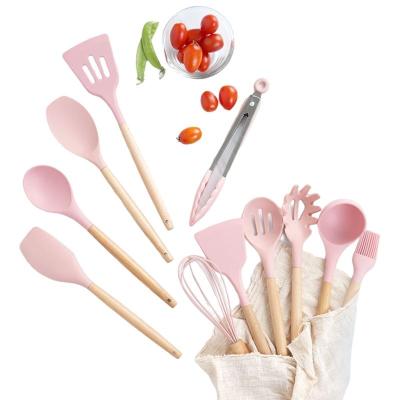 China Viable in Stock Wholesale Beech Handle Silicone Wood Kitchenware Set 12-Piece Kitchen Cooking Pot Spatula Set for sale