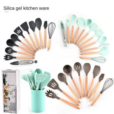 China Beech Handle Silicone Kitchenware 12-Piece Set Wooden Handle Cooking Spatula Set Home Cooking Silicone Kitchenware Set HC2103 for sale