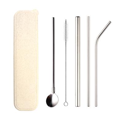 China Viable Reusable Straw Spoon Drinking Straw Set 18/8 Stainless Steel with Wheat Canister for sale