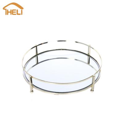 China 2021 Rastaurant 2021 OEM Amazon Vanity Gold Mirror Cheap Hot Selling Home Hotel Vintage Antique Round Tea Glass Decorative Serving Tray for sale