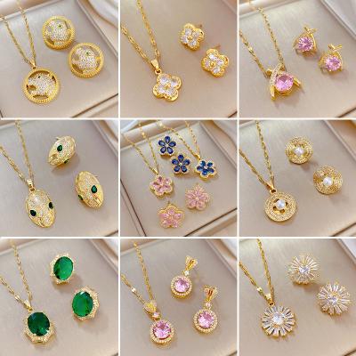 China Elegance Premium CLASSIC Luxury Gold Plated Stainless Steel Earrings Set Jewelry Green Zircon Gemstone Pendant Necklace For Women for sale