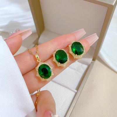 China Elegance Premium CLASSIC Luxury Gold Plated Stainless Steel Earrings Set Jewelry Green Zircon Gemstone Pendant Necklace For Women for sale