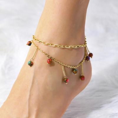 China OEM & ODM FASHIONABLE Custom Natural Stone Beads Gold Plated Double Layer Tassel Pendant Anklets Anklet Chain For Women Fine Jewelry for sale