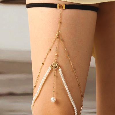 China New Custom Personality Fashion TRENDY Custom Personality OEM ODM Crystal Rhinestone Pearl Diamond Snake Shape Thigh Chain Sexy Elastic Multilayer Leg Chai for sale