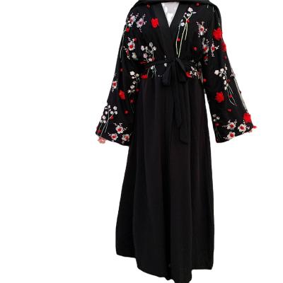 China Black Embroidered Open Abaya Kimono Kimono Abaya Mesh Decoration Front Dress Abaya Long Sleeves Manufacturer for sale