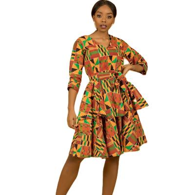 China Wholesale Color Hot Selling Floral Printing African Styles Casual High Waist A Line Dress African Traditional Dashiki Midi Multilayer Pleats Cake Dress for sale