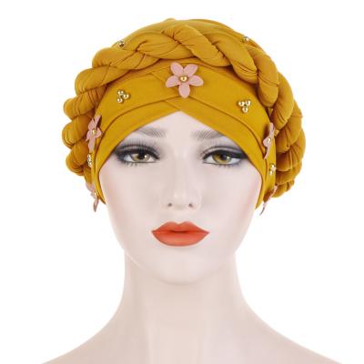 China MXCHAN SJH22954 Cotton 8 Colors Wrapped Head Nail Gold Pearl Flower Turban Braid Twist Cap Muslim Hat for sale