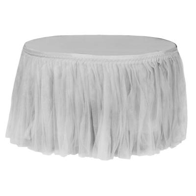 China Silver Twill Tulle Tutu Table Skirt Organza Table Trimming Sheer Pleated Table Decoration For Fabric Wedding Luxury for sale