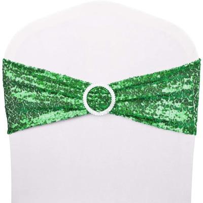 China Simple Green Shinny Sequin Chair Band Chair Decoration Fabric For Banquet Sash Chair With Round Buckle For Wedding for sale