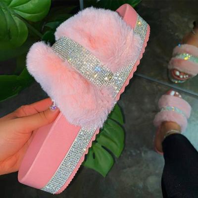 China Cushioning Faux Fur Women Shoes Platform Slides Unique Outdoor Bling Plush Slippers Lady Sandals Thickly for sale