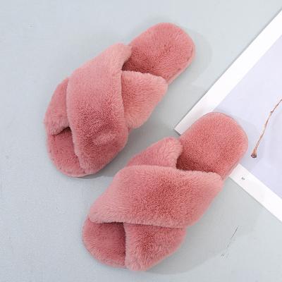 China Fashion Trend Women Gather Soft Furry Open Toe House Shoes Faux Rabbit Fur Slippers Warm Comfortable Slip On Breathable for sale