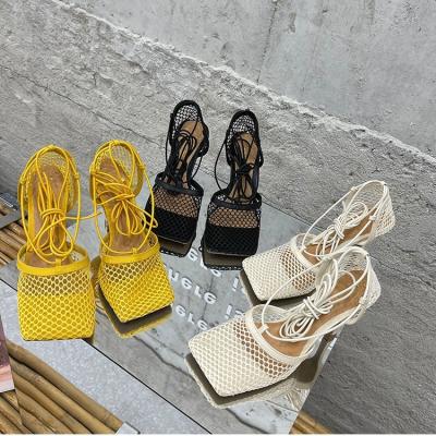 China Breathable High Heel Ankle Strap 2021 Sexy Luxury Lace Up Summer Mesh Sandals Square Toe Designer Shoes Women Heels for sale