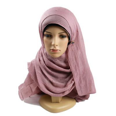 China Wholesale Fashion Soft Soft Feeling Muslim Women Plain Cotton Pleat Hijab Embossing Squishy Scarf With Stone for sale