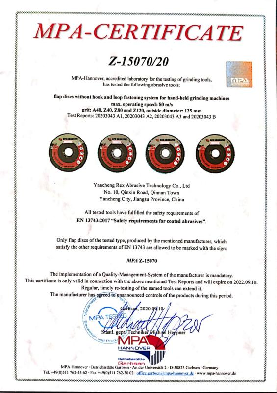 MPA certificate - Yancheng Rex Abrasive Technology Co., Ltd.