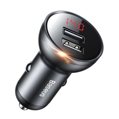 China Mobile Phone Baseus USB Car Charger 24W 5V4.8A Metal Mini Dual USB Fast Car Charger Adapter with Digital Display for iPhone, Samsung and More for sale