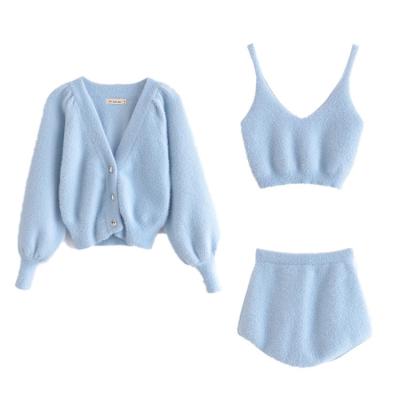 China Sustainable Fall Teddy Mohair Fuzzy Kitted Loungewear Women Sets 3 Piece Cardigan Sweater Shorts Set For Women for sale