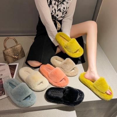 China Wholesale Sheepskin Fur Slippers Colorful Striped Soft Flocking Slips Warm Winter Women Slippers for sale