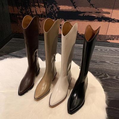 China New Arrivals Waterproof Leather V-tip Western Cowboy Cowgirl Boots Thick Heel High Zipper Side Rider Women's Chelsea Boots for sale