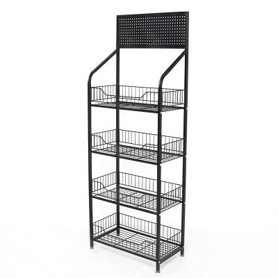 China Single Sided Floor 4 Tier Supermarket Shelf Grocery Snacks Display Rack With Pegboard for sale