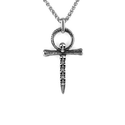 China Stainless Steel Pendant Necklace Mens Hiphop Hip Hop Cross Biker Skull Punk Cross Ring Necklace For Religious Gothic Jewelry for sale