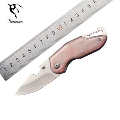 China Non-variable Wholesale Knives Wood Handle Outdoor Rise Pocket Knife With Carabiner Bottle Opener for sale