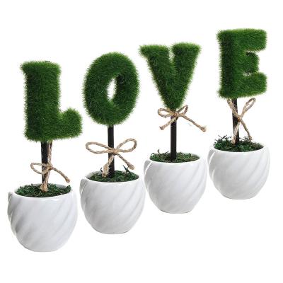 China Household LOVE Decoration White Ceramic Green Hedge Artificial Plant Set of 4 Fake Plant Letters for sale