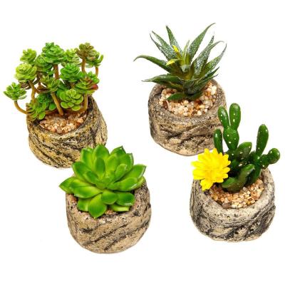 China Plastic Assorted Set 4 Of Green Artificial Faux Mini Succulent Plants With Potted Pebble Sand Stone Like Cement Pot for sale