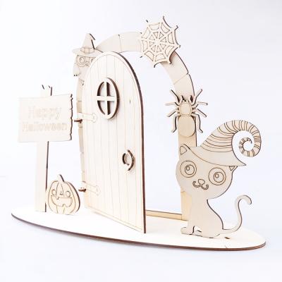 China Europe Craft Kit Plain Blank Open Stand Halloween Wooden Trick Or Treat Opening Fairy Door Stand for sale