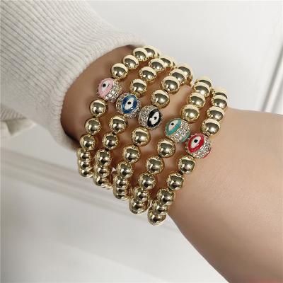 China No Lotus 14k Gold Filled Ball CZ Evil Eye Enamel Beaded Stretch Bracelet for sale