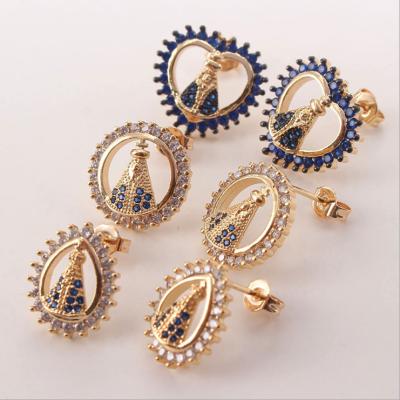 China Fashion Lotus 18K Gold Plated CZ Virgin Mary Stud Earrings Women Accessories for sale