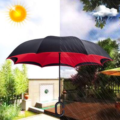 China Wholesale Black Handle Daily Use Auto Windproof Custom Red Narrow Reverse Inverted Umbrellas Double Layer & C Shaped With Logo Printing/ for sale